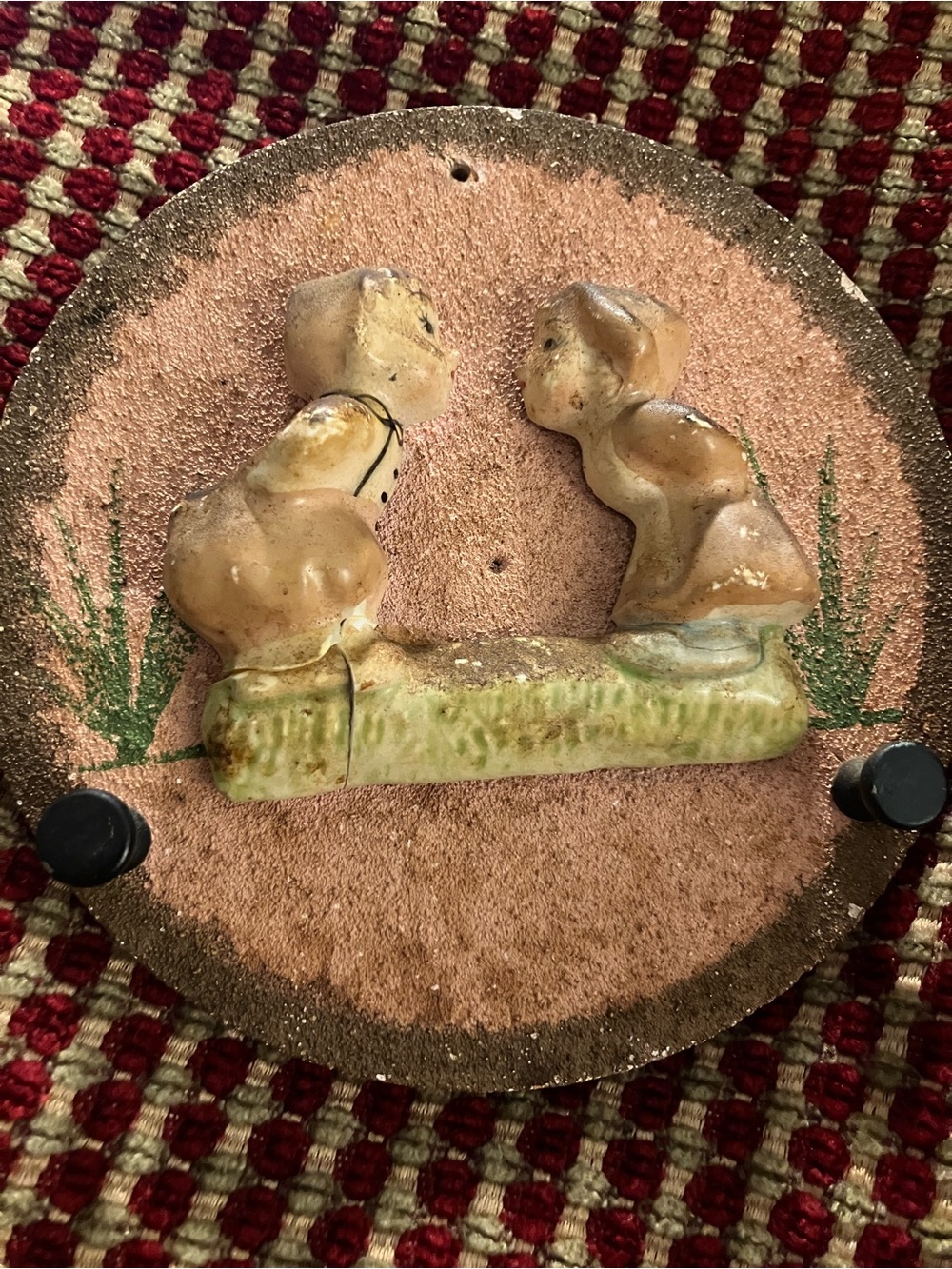 Vintage Ceramic Kissing Children Wall Plaque - Tan & Green